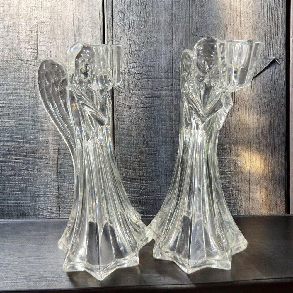 MIKASA Clear Heavy Crystal Glass Angel Candle Stick Holder Set 2 Made In Germany